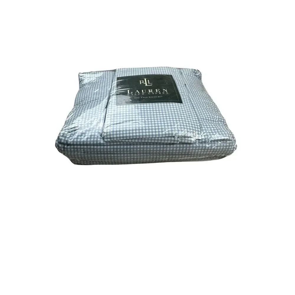 Vintage New Ralph Lauren Light Blue Small Gingham Twin 3 pc Sheet Set Classic